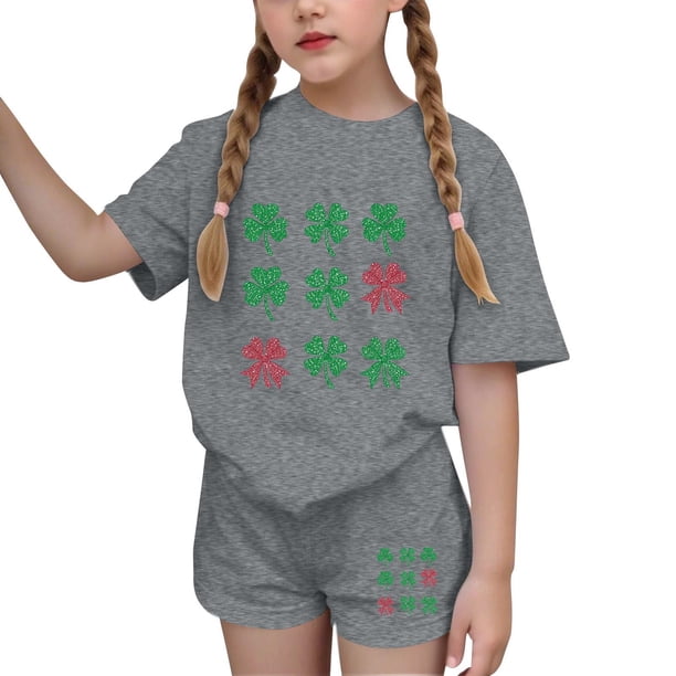 Vestido de Manga Corta para Niños Día de San Patricio Impreso Cuello Redondo de Dos Piezas con Pantalones Cortos, Cómoda Mezcla de Poliéster Spandex