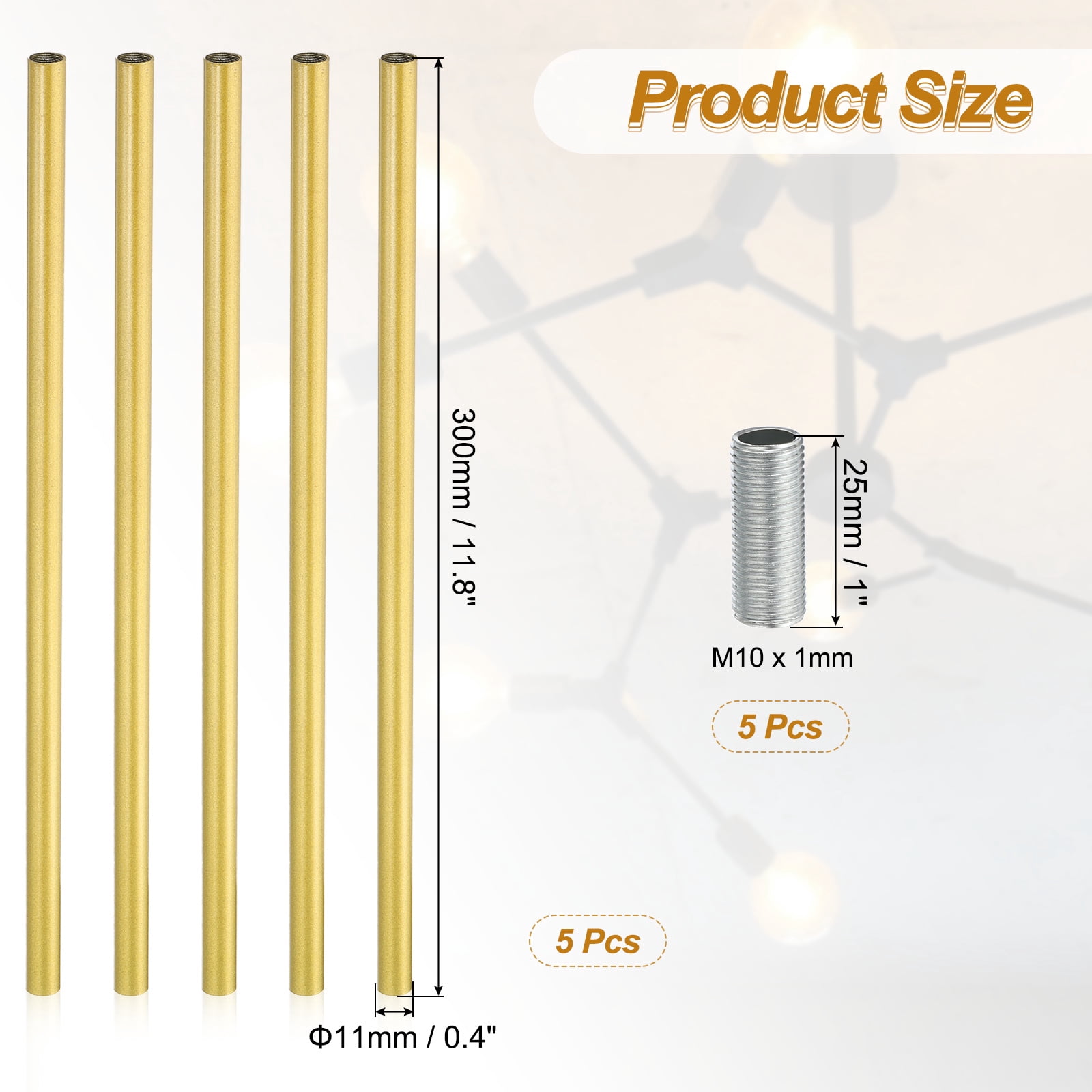 Uxcell Threaded Extension Rod, 5 Sets 11.8" M10 x 1mm Fine Thread Lamp Pipe with Nipples, Gold Tone