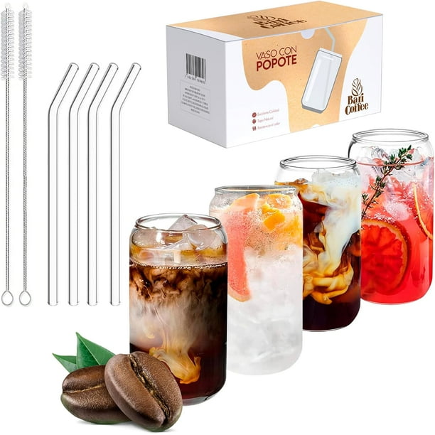Juego de 4 Vasos de Vidrio Baricoffee con 4 Popotes y 2 Cepillos de Limpieza