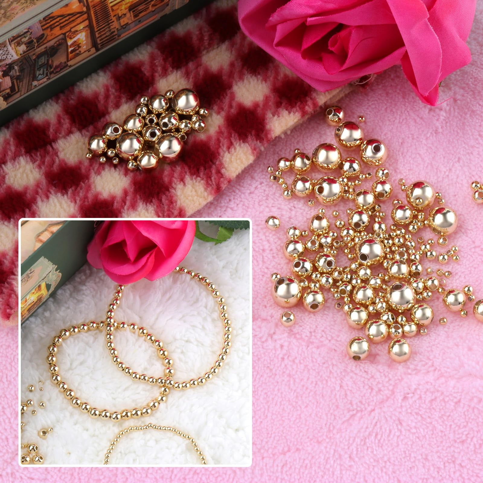 Trianu 300Pcs 18K Gold Filled Spacer Round Beads, Seamless Smooth Metal Round Beads, Gold Plated Solid Brass Beads for DIY Bracelet Necklace Earring Jewelry Making (5mm)
