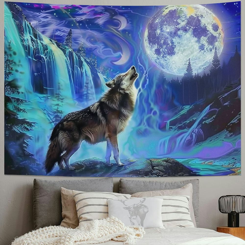 Wall Tapestry Man On The Moon Tapestry BCIIG Wolf Howling Tapestry