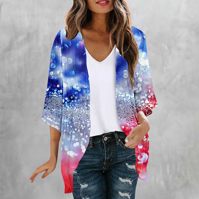 Cárdigan de mujer Cárdigan con estampado del Día de la Independencia Primavera y verano Abrigo estampado de manga larga para mujer