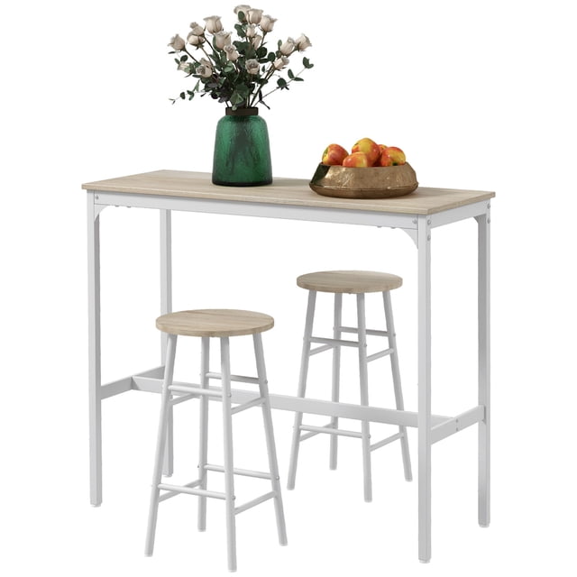 3-Piece Counter Height Bar Table and Chairs Set, Oak MDF and Steel Industrial Pub Table with 2 Stools, Space-Saving Design for Small Kitchen, Dining Area or Breakfast Nook