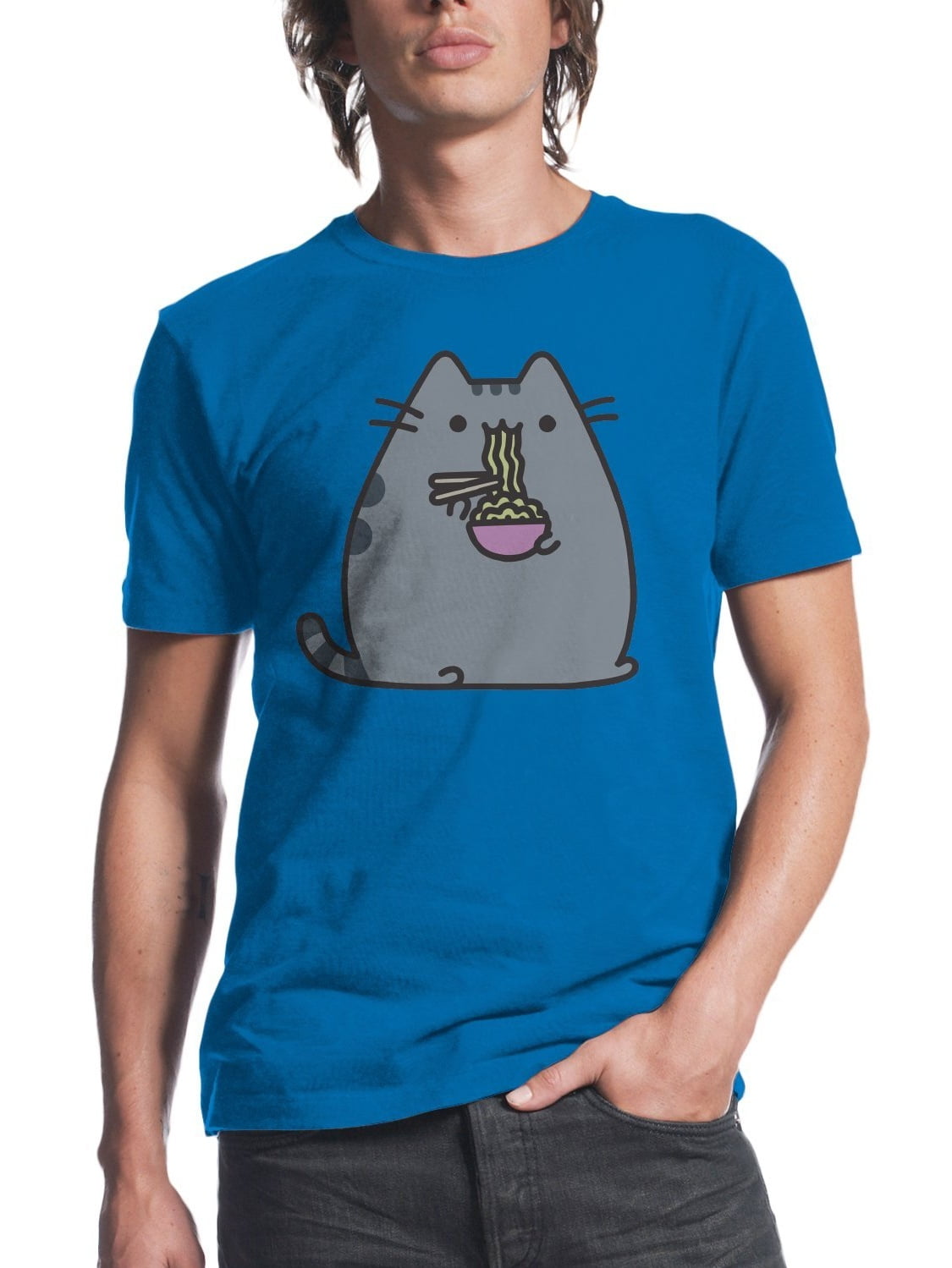 Pusheen Cat Eating Ramen Noodles Mens Brilliant Blue T-shirt - Walmart ...