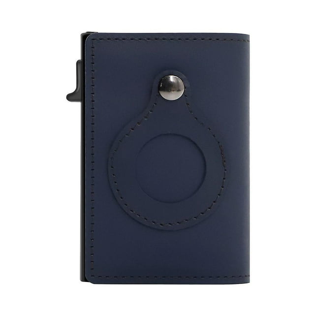 Blue Real Leather Wallet For Smart Air Tag, Rfid Credit Card Money Holder Automatic Pop Up Mini Aluminum Wallet Niuniu
