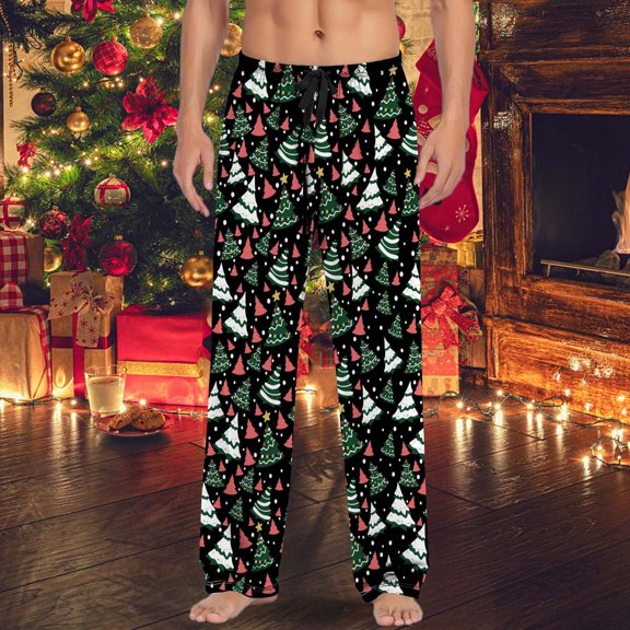 Pajama Pants Men Funny Christmas Printed Mid Waisted Casual Pants with Drawstring and Lightweight Comfortable Lounge Bottoms Soft Sleepwear