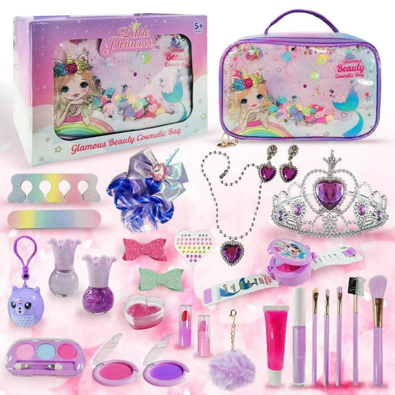 TiokMc 29 Pcs Kids Pretend Makeup Toy Set for Girls, Safe & Non-Toxic Washable Role Play Cosmetics Kit with Accessories for Birthday Party