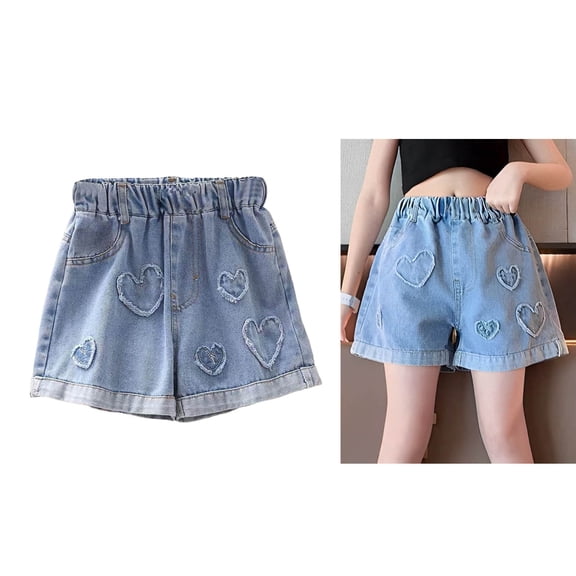 Jeans Shorts for Girls Straight Leg Girls Elastic Waist Embroidered Jean Shorts Cute Summer Clothes Girl Clothes Size 7-8 Years