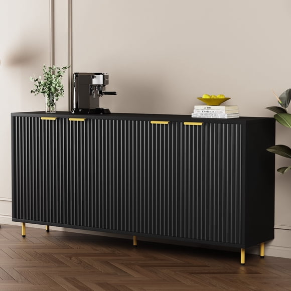 Aykah Luna Sideboard Buffet Cabinet with Storage – 58 Inch Kitchen Cabinet with Fluted Doors, Gold Metal Legs – Sideboard for Dining Room, Living Room, Entryway (Black)