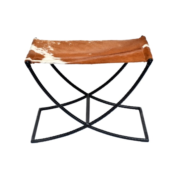 Cowhide Sling Seat Accent Stool With Iron Base