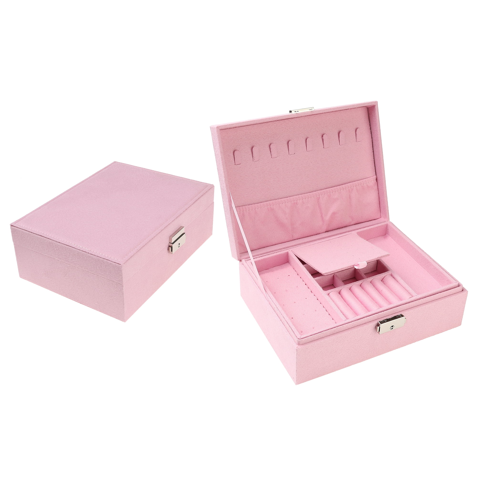 Unique Bargains Velvet Jewelry Box Organizer 2 Layer Jewelry Display Storage Holder Pink