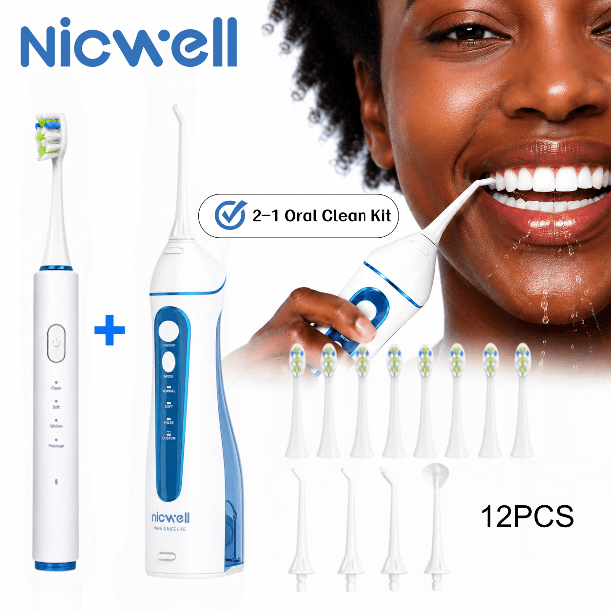 2-in-1 Electric Toothbrush and Water Flosser Combo, Sonic Toothbrush with 4 Modes, Cordless Oral Irrigator with 12pcs Replacement Tips, Rechargeable Dental Care Kit for Adults, Home & Travel