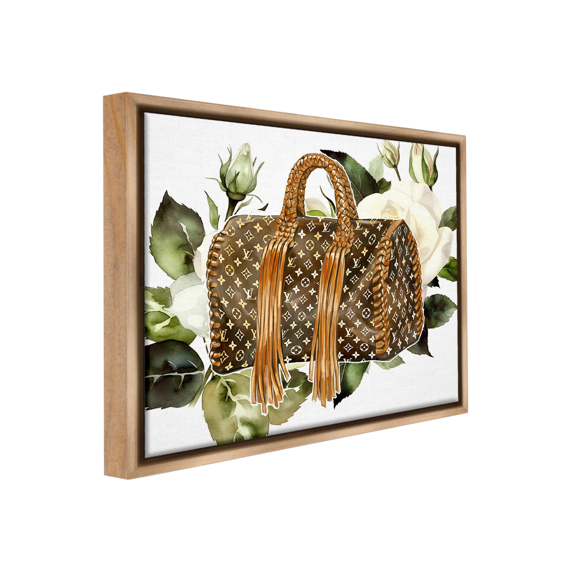 Stupell Industries Designer Purse with Roses Beauty & Fashion Painting Brown Floater Framed Canvas Art Print Wall Art, 31 x 25