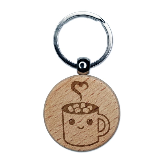 Cute Kawaii Hot Chocolate Round Keychain Charm Tag - Engraved Wood