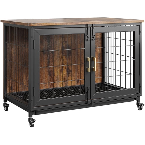 Jaula Madera para Perros, Caja Decorativa a Prueba de Fugas para Perros Ansiosos, Perrera Rústica con Ruedas con Cerradura y Bandeja Extraíble