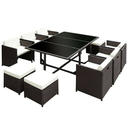 - Costway 11 PCS Outdoor Patio Dining Set Metal Rattan Wicker Furniture Garden Cushioned