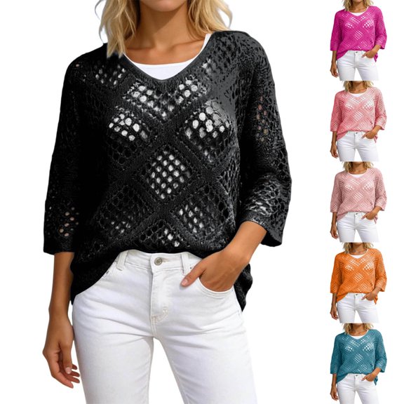 CaComMARK PI Crochet Tops for Women 3/4 Length Sleeve V-Neck Hollow Out Knit Sweater Shirt Summer Lightweight Beach Cover Ups Purple