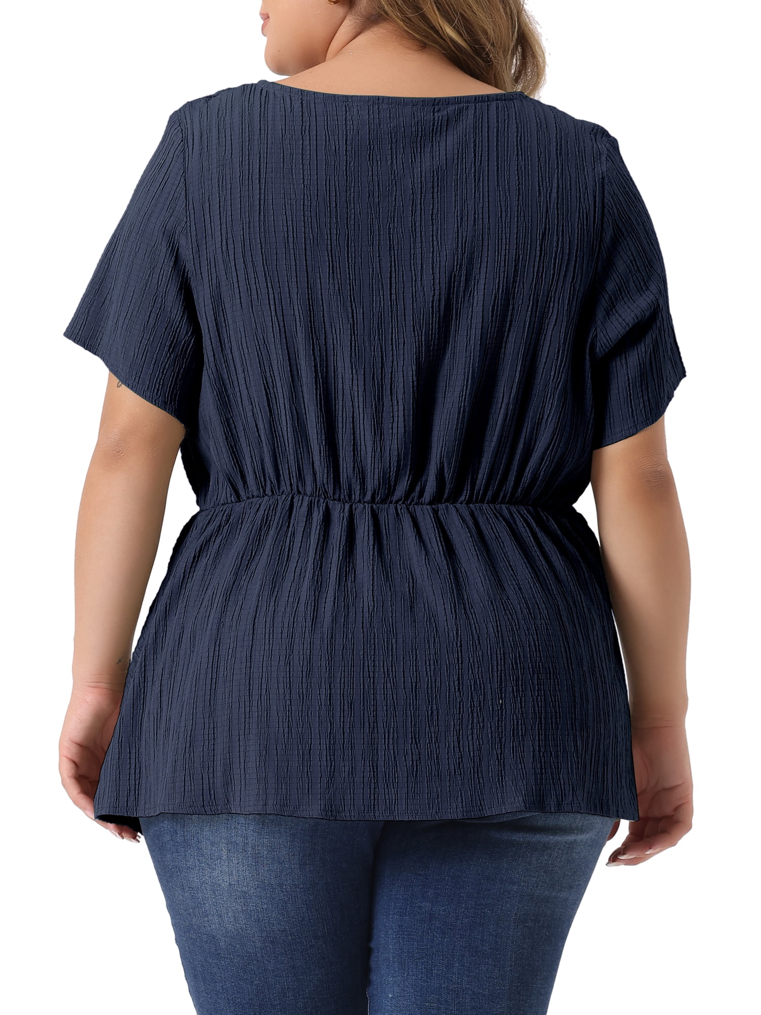 Unique Bargains Women Plus Size Asymmetrical Hem Round Neck Short Sleeve Twist Knot Top 4X Navy Blue