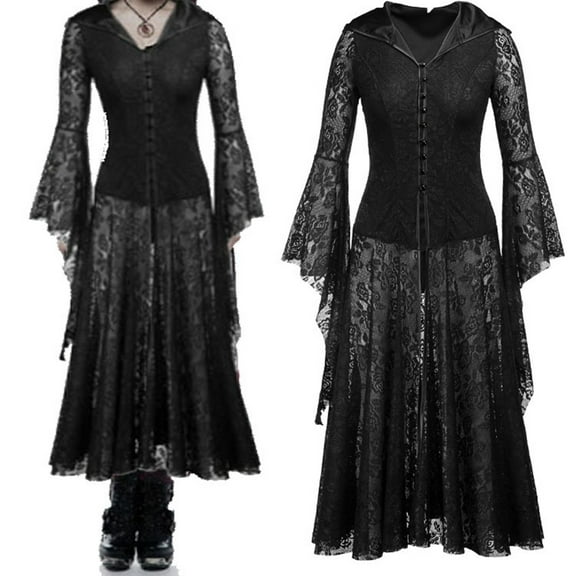 Jacenvly New Christmas Dresses Women Gothic Flare Long Sleeve V-Neck Lace Solid Party Hoodie Vintage Court Style Cocktail Long Dress Women Halloween Dresses