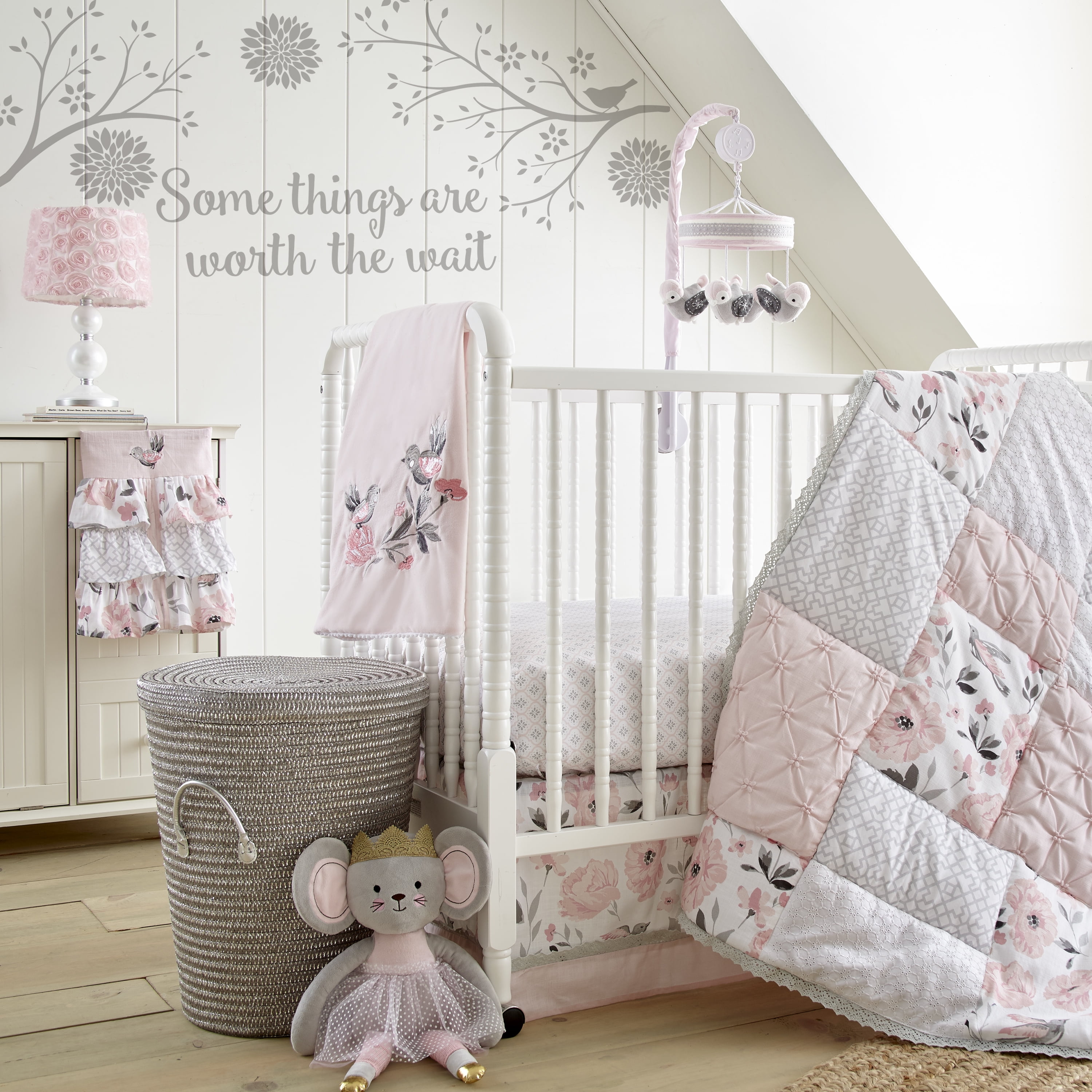 Levtex Baby Elise 5 Piece Nursery Set Pink Grey White Quilt Sheet Skirt Stacker Decal Walmart