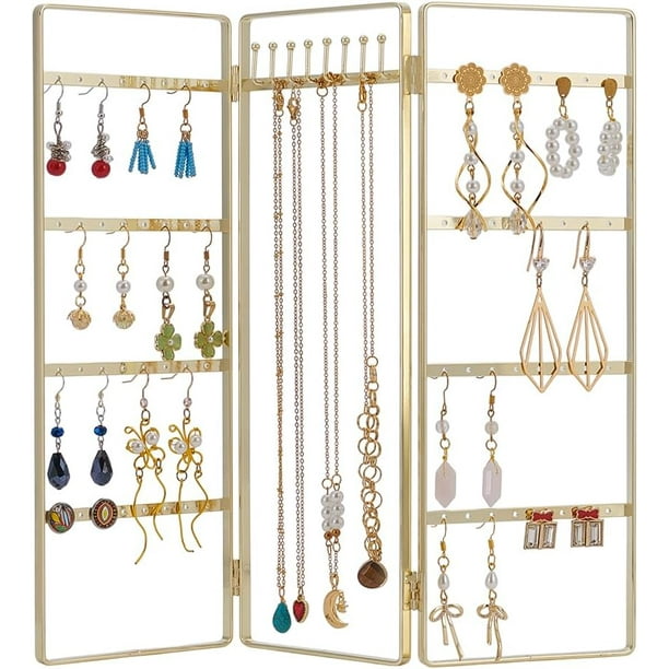 Organizador de joyas plegable dorado con 64 agujeros y 8 ganchos. Organizador metálico de 3 paneles para anillos, pendientes, pulseras y collares.