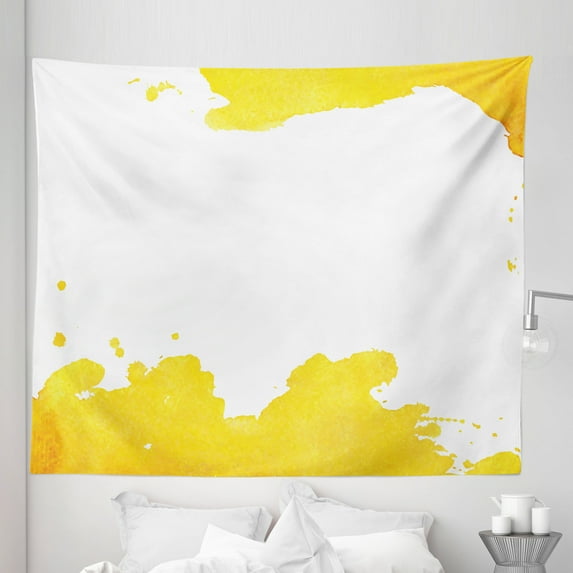 Vintage Yellow Tapestry, Grunge Looking Watercolor Stains Design on Plain Backdrop Illustration, Fabric Wall Hanging Decor for Bedroom Living Room Dorm, 5 Sizes, Yellow White, by Ambesonne