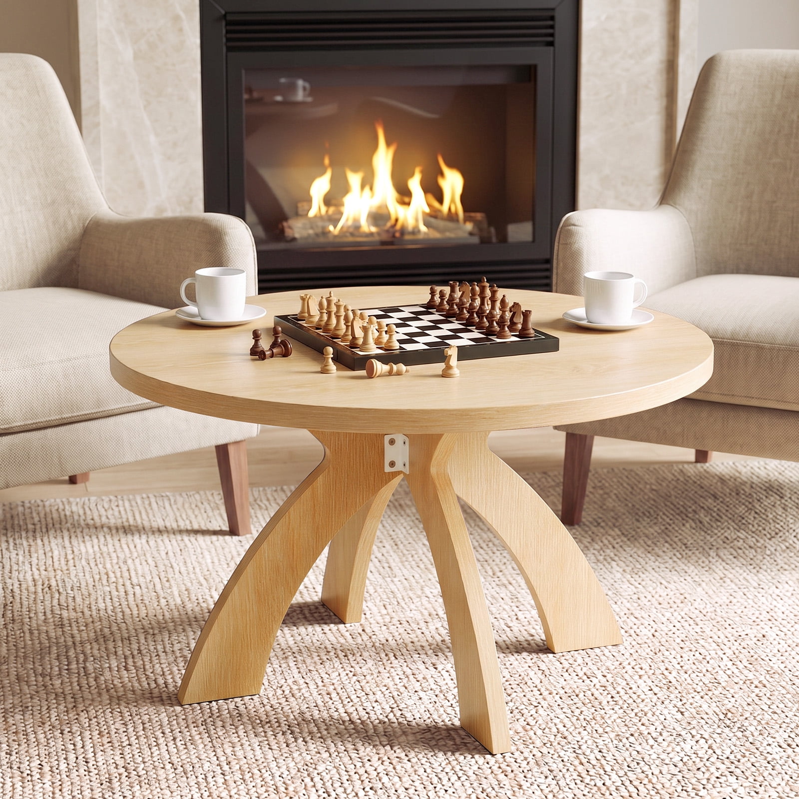 Astoutdoor Round Coffee Table, 31.5 in Circular Center Table with Curved Cross Legs, Melamine Laminated MDF Minimalist Low Accent Table for Living Room, Apartment, Natural Wood Tone