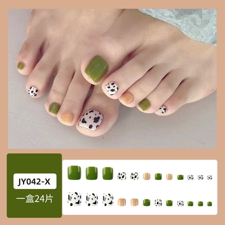 Foreign trade best-selling cow pattern foot nail patch, olive green light brown contrasting color foot nail piece 24 pieces fake nail wholesale