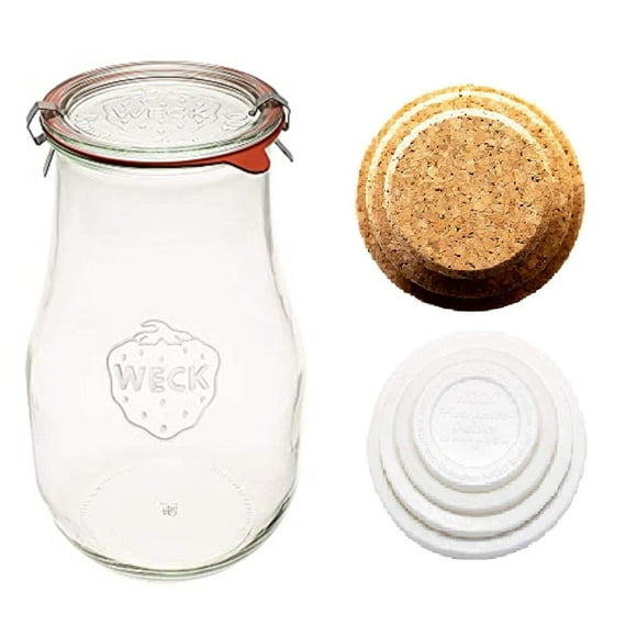 Weck Jars 739 with Glass Lid, Cork Lid, and Keep Fresh Cover - Tulip Jar with Wide Mouth - Suitable for Canning and Storage 84.5 fl. oz
