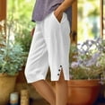 thumbnail image 2 of Womens Linen Capri Pants Summer Elastic Waist Cropped Pants Knee Length Lightweight Casual Shorts with Pockets White XL, 2 of 6