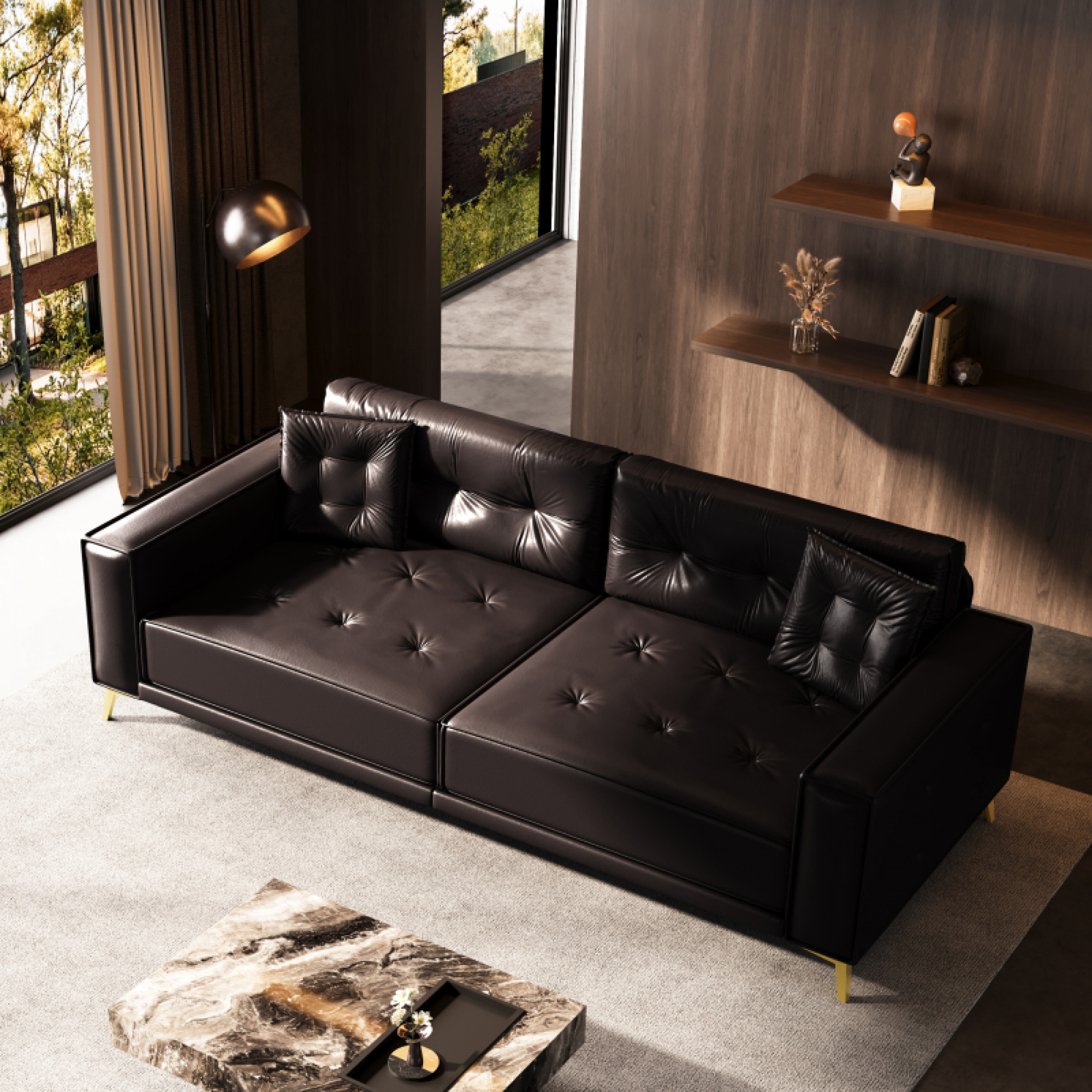 92.1" King Size Faux Leather Sleeper Sofa Bed - 3-in-1 Convertible Pull Out Couch, 4-Seater with Ultra Wide Armrests & Tufted Design, 2 Pillows Included for Living Room, Apartment,Dark Brown