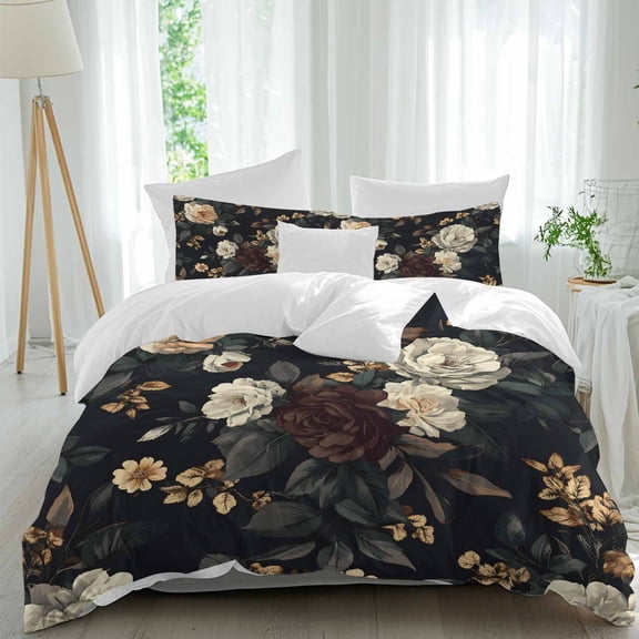 3 Piece Vintage Black Floral Duvet Cover Set California King,Microfiber Comforter/Quilt Cover with Corner Ties and 2 Pillowcases,Spring Seasonal Botanical Blooms Soft Bedding with Zipper Closure