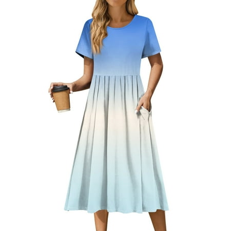 Biziza Casual Dresses for Women 2025 Loose Trendy Gradient Short Sleeve Basic Blue Elegant Dresses Outerwear Lightweight Cotton Round Neck Stretch Polyester Corset Dress