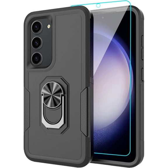 for Samsung Galaxy S23 Case with Tempered Glass Screen Protector,Heavy-Duty Tough Rugged Phone Case Cover with Ring Holder Kickstand for Galaxy S23 5G (6.1", 2023) [Black]