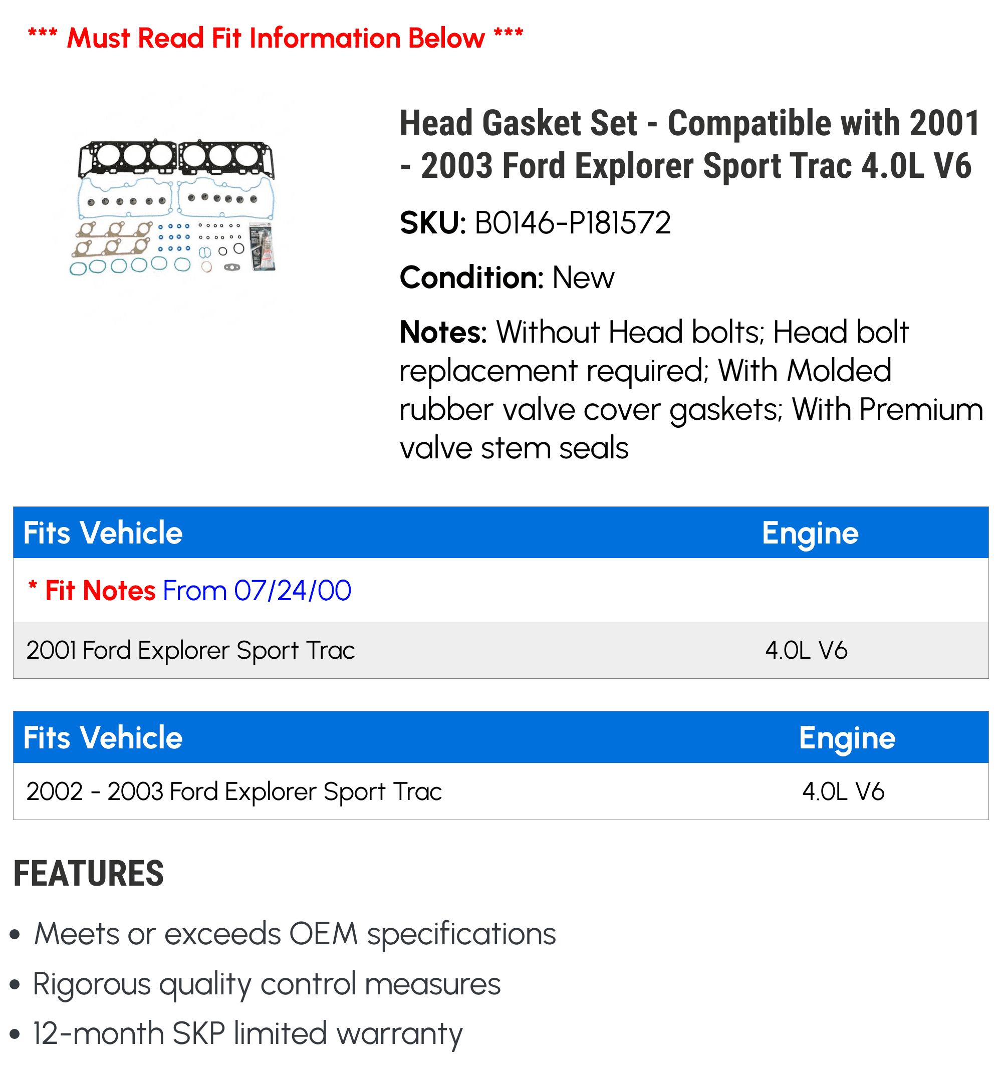 Head Gasket Set - Compatible with 2001 - 2003 Ford Explorer Sport Trac 4.0L V6 2002