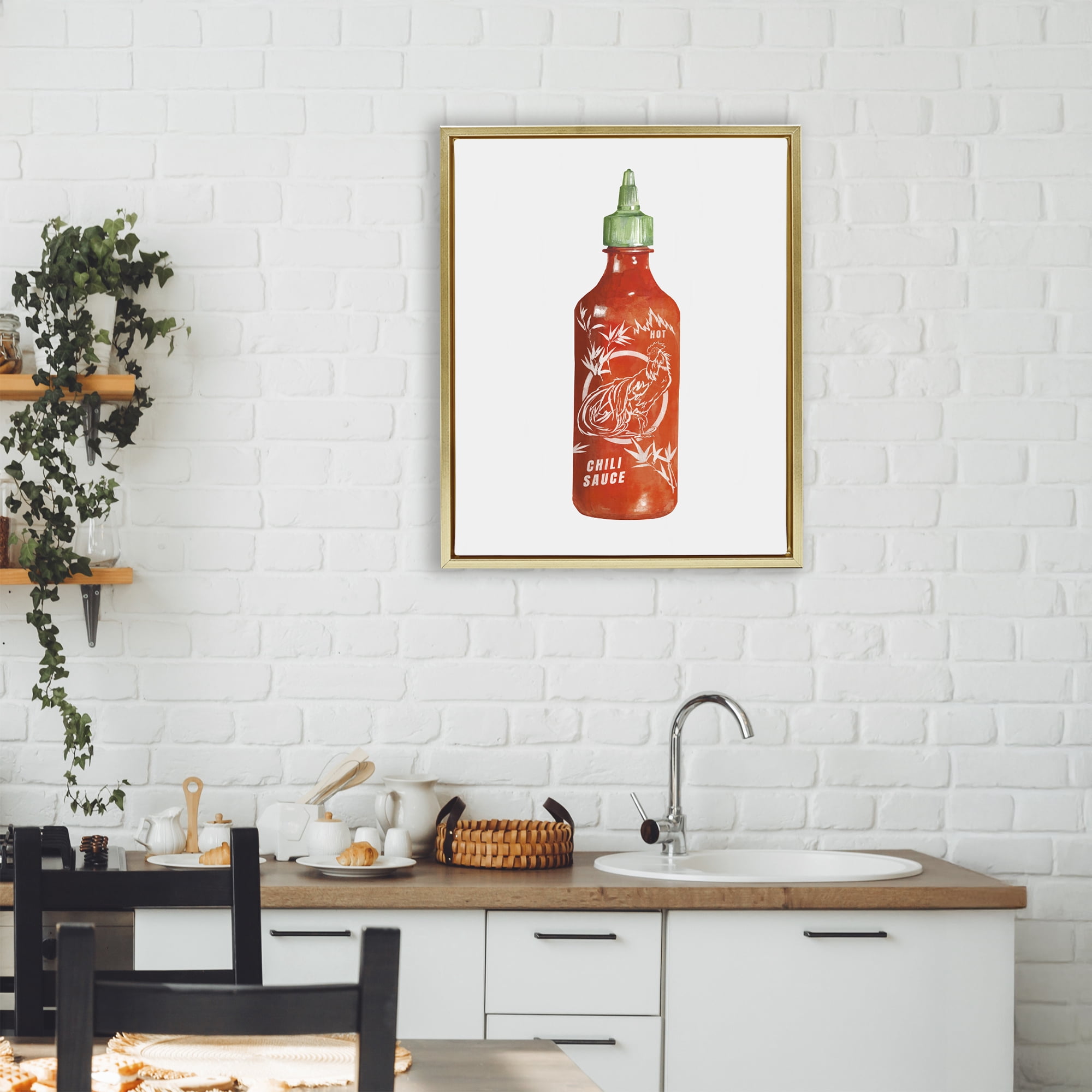 Stupell Industries Iconic Hot Sauce Bottle Gold Framed Floater Canvas Wall Art, design by Rylen McNett