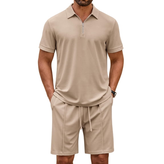 COOFANDY Men' 2 Piece Tracksuit Outfits Polo Shirt and Shorts Set Quarter Zip Shirt and Elastic Waist Shorts Summer Causal
