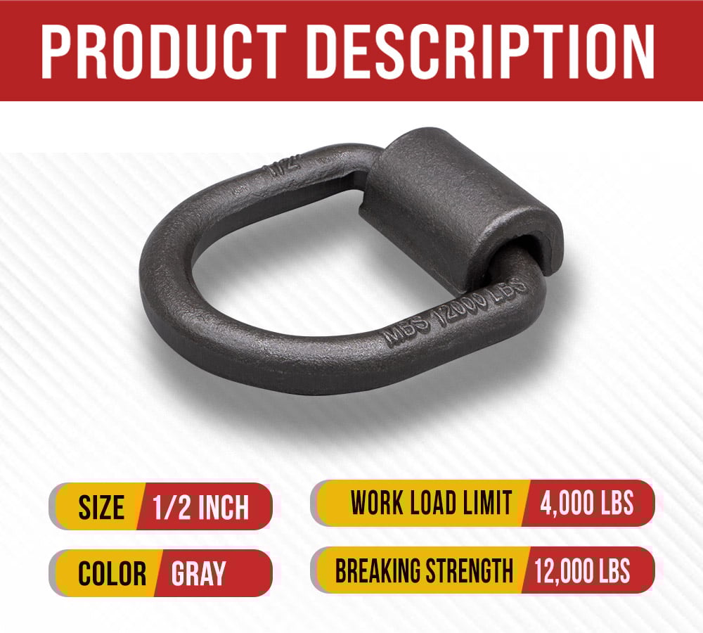 thumbnail image 2 of (8 Pack) 1/2" Heavy Duty Weld-On Forged D Ring 12,000 Lbs, 2 of 8