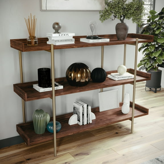 Martha Stewart Emmett 3 Shelf 35"H Storage Display Unit Bookcase with Polished Brass Metal Frame in Walnut Wood Grain Finish