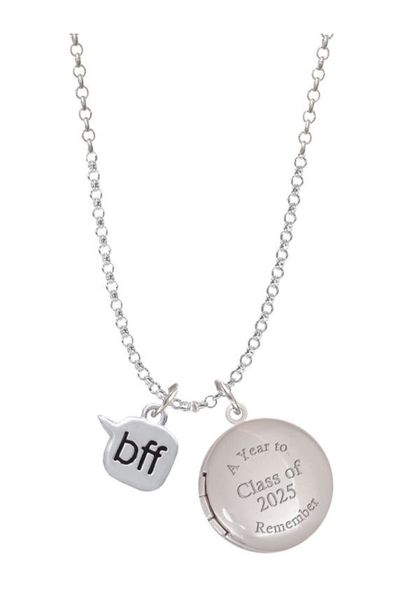 Silver-tone Text Chat - bff - Best Friends Forever - Class of 2025 Year to Remember Locket Charm Necklace, 19+2" Extender