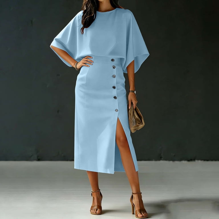 business casual dresses midi asdoklhq Midi Dresses for Women Wedding Dresses for Bride Business Casual  Women Elegant Orange Two Piece Set Batwing Sleeve High Waist Slit Midi  Skirt Casual Office Business Formal Outfit Blue 2X -