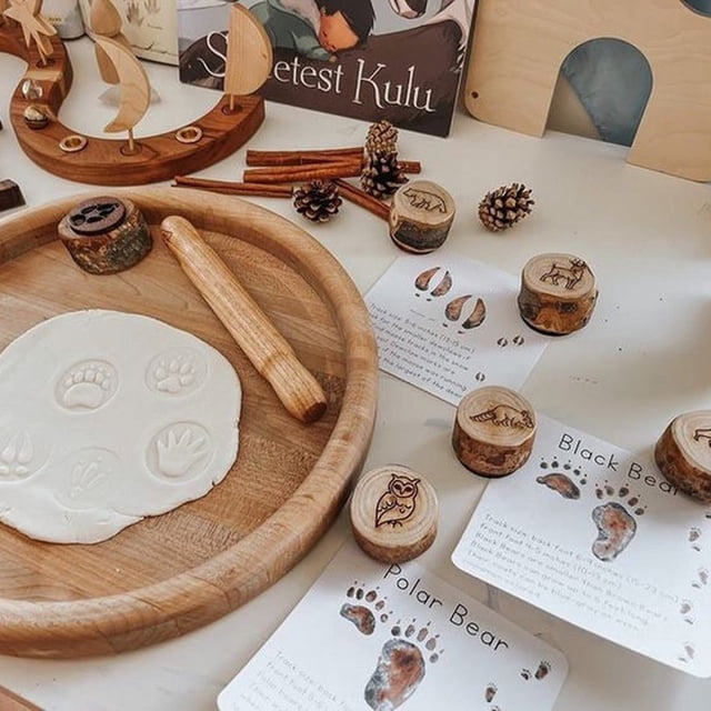 Huellas de animales de madera, paquete de 9 huellas de animales de madera, sellos Playdoh con huellas de animales, funcionalidad inteligente