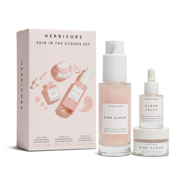 Herbivore Skin In The Clouds Juego de hidratación voluminizadora de 3 pasos: limpieza de gelatina cremosa Pink Cloud (50 ml / 1,7 oz) Suero de gelatina Cloud (10 ml / 0,33 oz) Crema humectante suave P