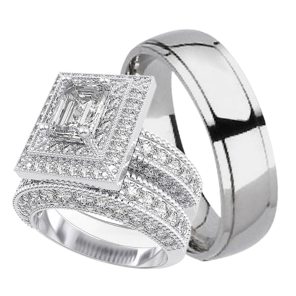 His and Hers Wedding Ring Set Matching Trio Wedding Bands for Him (Titanium)  and Her (Sterling Silver) (8/10) - Walmart.com