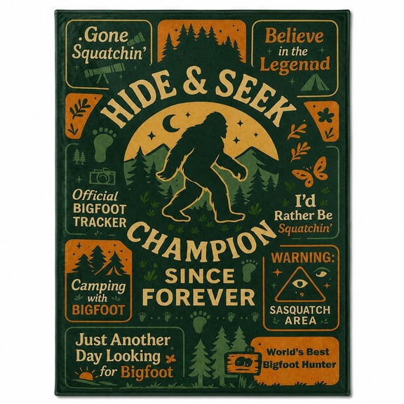 Funny Bigfoot Sasquatch Fleece Throw Blanket, Retro Forest Camping Hide & Seek Design, Soft Warm Lightweight, Novelty Gift for Men Women Campers