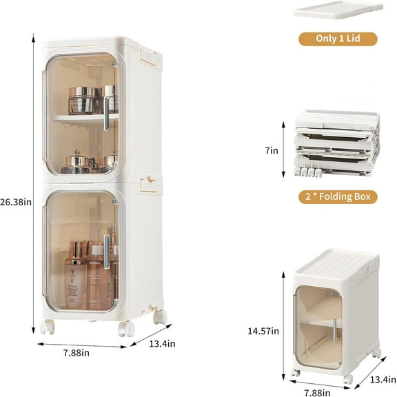 2-Tier Narrow Bathroom Storage Cabinet with Wheels, Plastic Slim Organizer for Small Spaces, Milky White
