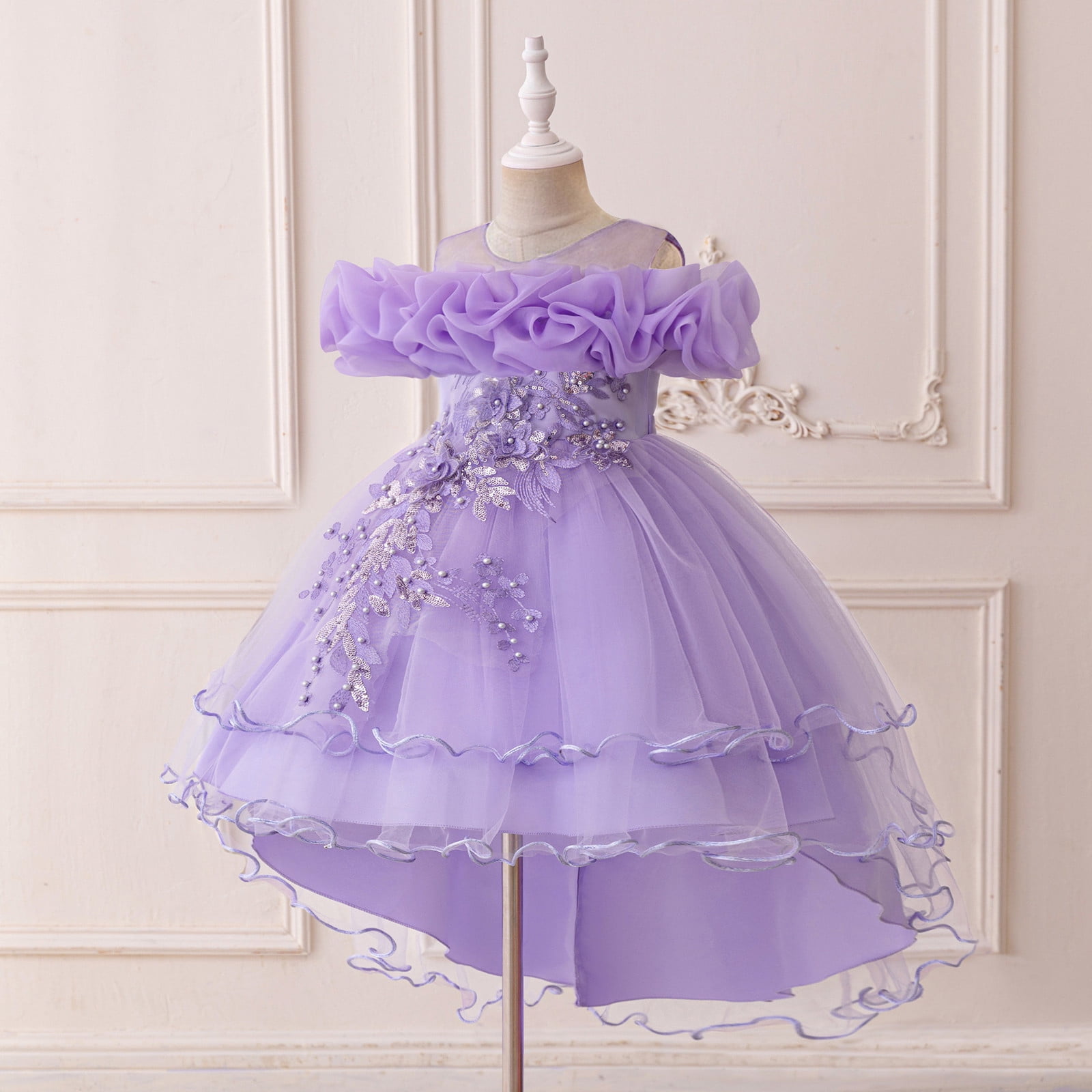 Dress for Girls Satin Girl Dress with Puffed Sleeves for Birthday Party Christening
