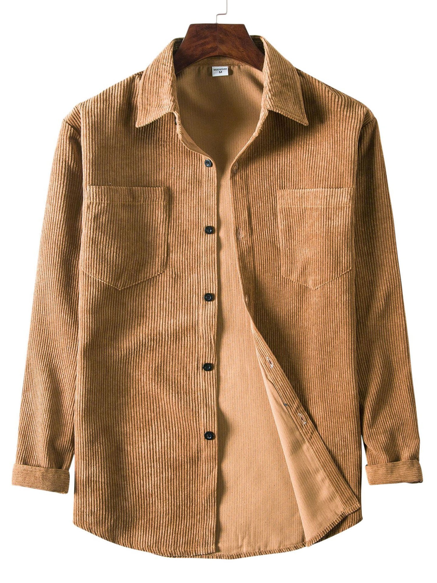 Mens Corduroy Shirts Multi Pockets Long Sleeve Casual Plain Button Down Flannel Shirts Light Coat