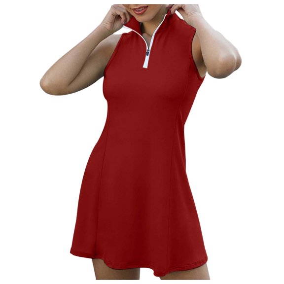 LIUJUNSHOP Tennis Dress for Women, Tennis Golf Dresses with Built in Shorts and Pockets for Sleeveless Workout Athletic Dresses Red M