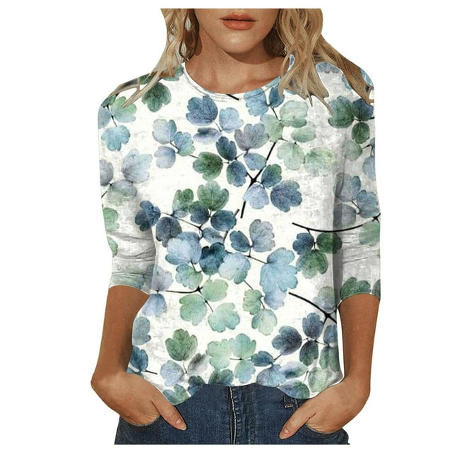 TSADFHJI Hauts pour Femmes T-Shirt Décontracté à Imprimé Floral Col Rond Manches 3/4 Coupe Ample TG Vert